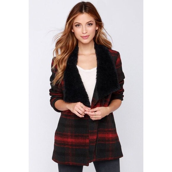 Jack BB Dakoda Rydell Buffalo Wool Blend Plaid Black Red Jacket Faux Collar Med - Picture 3 of 14